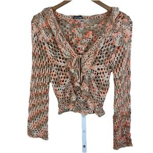 Vintage 90s Y2K Crochet Cardigan Tie Beach Boho Cowgirl Bell Sleeve Tie Spazio